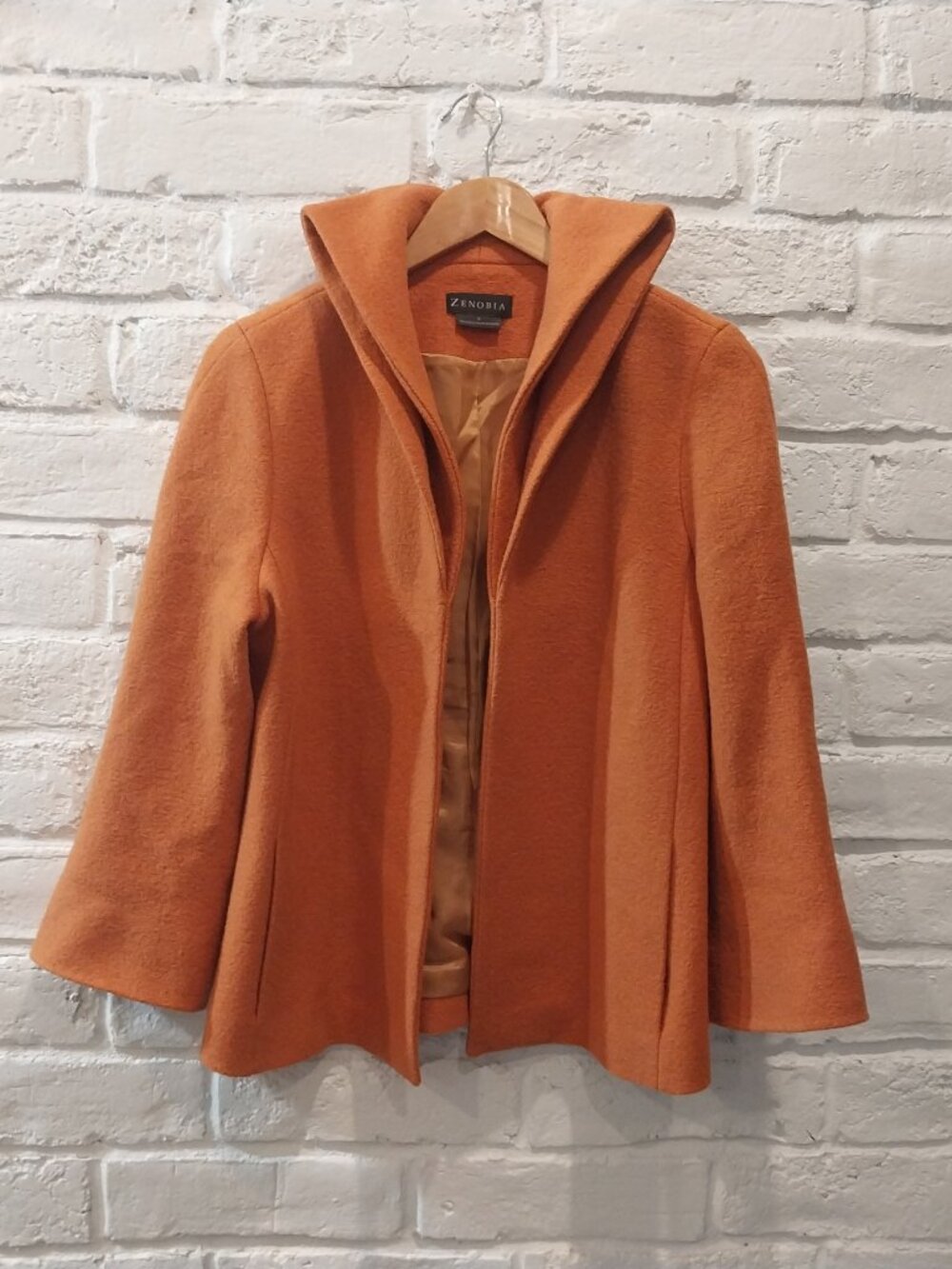Zenobia 100% Virgin Wool Open Jacket Women 6 M Pumpkin Orange Rust Double Collar